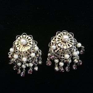 Earrings Vintage Chandelier Gold Pearls Purple Rhi